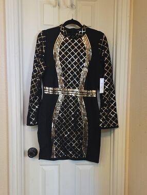 VENUS Black Long Sleeve Dress with Gold Sequin Latticework